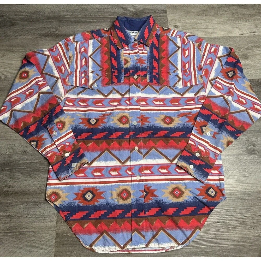 Vtg 90s Pecos Blue Western Button Up Shirt M Southwestern Rodeo Cowgirl